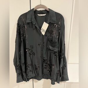 NWT Zara Black Satin Embellished Satin Button-Down Blouse